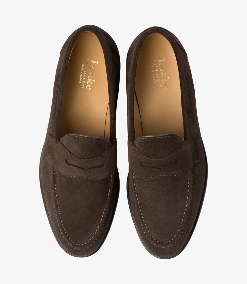 LOAKE Imperial Classic Penny Loafer - Dark Brown Suede - Angle View