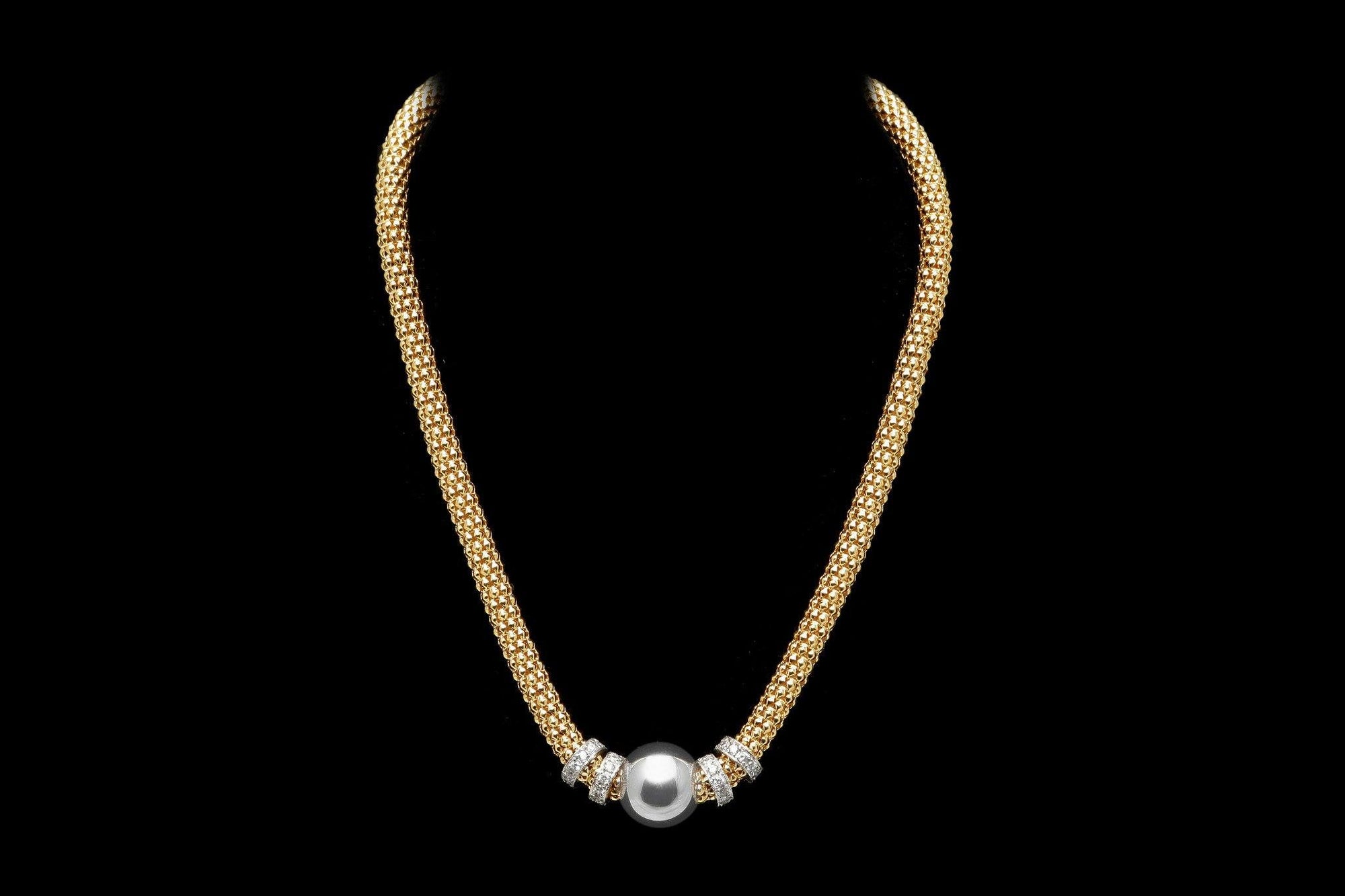Yellow Gold Plated Silver Beaded NECKLACE with multiple Rows of Cubic Zirconia Rings  - Ceilo Milan - Ninostyle