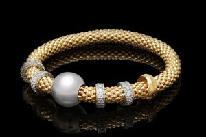Yellow Gold Plated Silver Beaded Stretch Bracelet with multiple Rows of Cubic Zirconia Rings 19cm long - Ceilo Milan - Ninostyle