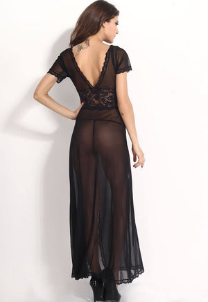 Black Mesh and Lace V Neck Lingerie Gown - Ninostyle