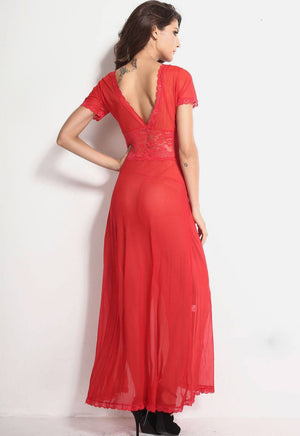 Red Mesh and Lace V Neck Lingerie Gown - Ninostyle