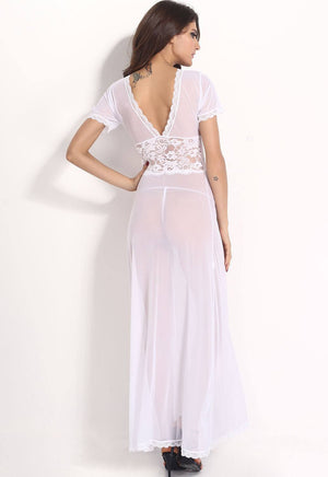 White Mesh and Lace V Neck Lingerie Gown - Ninostyle