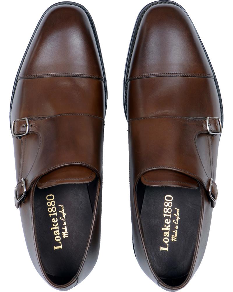 LOAKE Cannon Calf Double Buckle Monk Shoe - Dark Brown - Angle View
